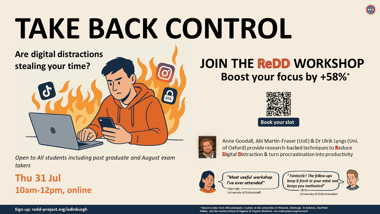 Poster showing cartoon man sitting at a desk working on a latop and holding his mobile phone with flames behind him.  Poster also shows details for the event.