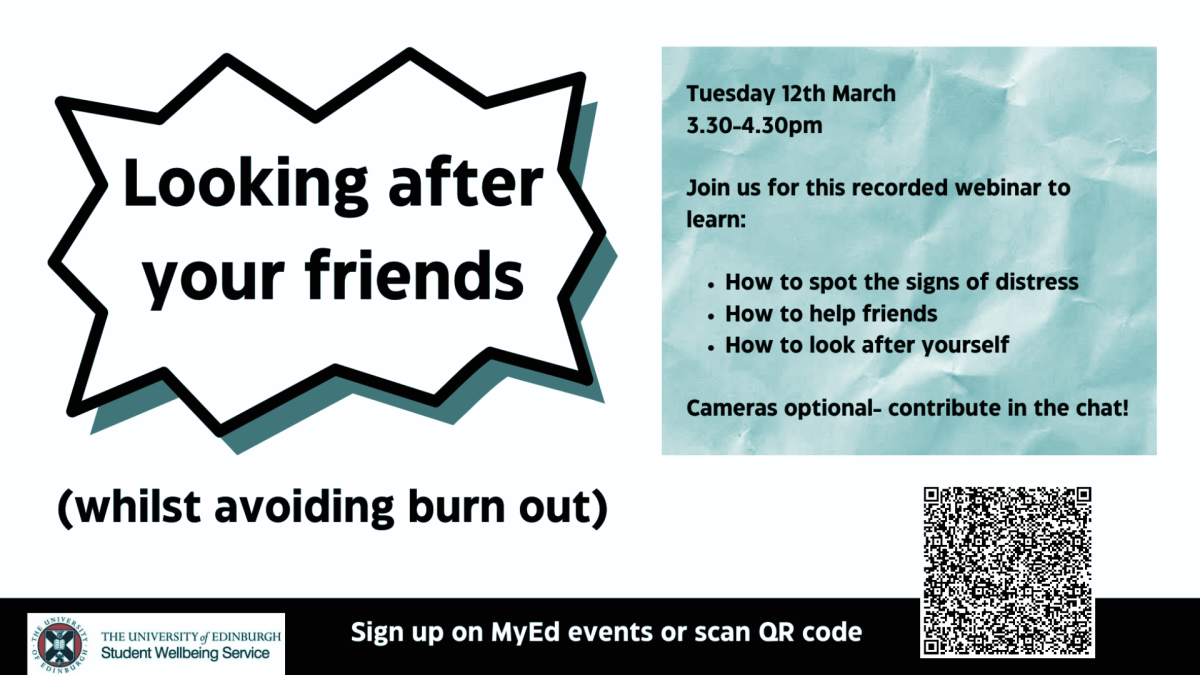 Poster with details for 'Looking after your friends whilst avoiding burn out' webinar