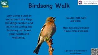 Photo of a bird sitting on a branch against a blue background with the time, date and location of the event