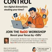 Poster cartoon man sitting down using his laptop with flames around him. The poster shows details for the event.