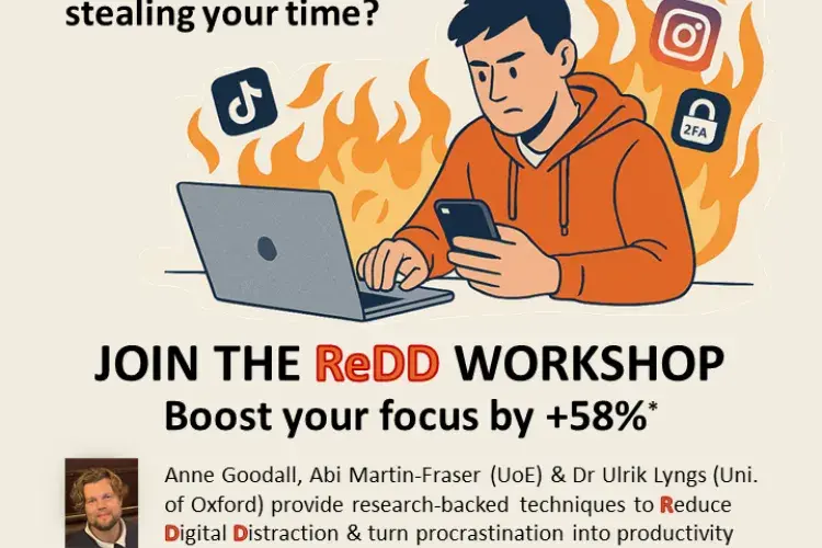 Poster cartoon man sitting down using his laptop with flames around him. The poster shows details for the event.