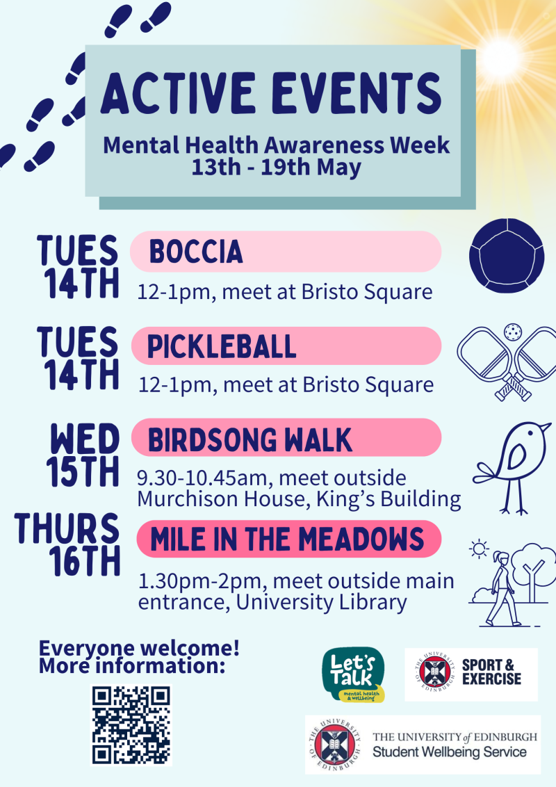 Poster showing list of active events for Mental Health Awareness Week 13 -19 May