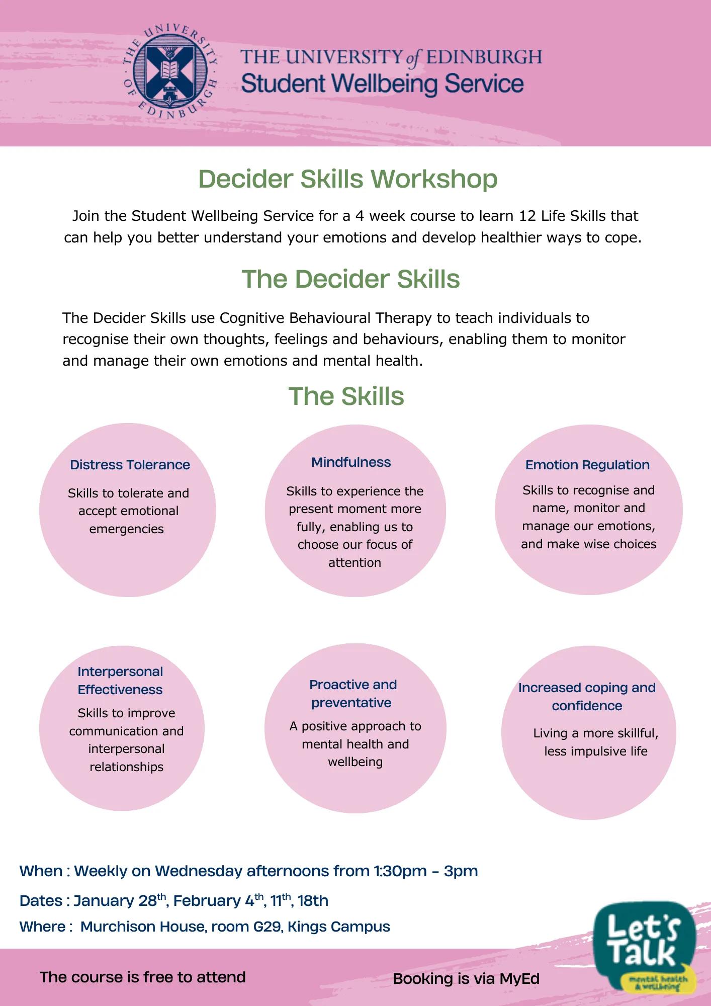 Poster with details of Decider Skills course