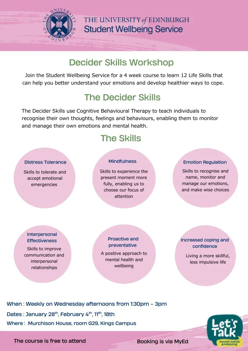 Poster with details of Decider Skills course
