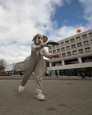 Person dressed in an elephant costume playing paddleball